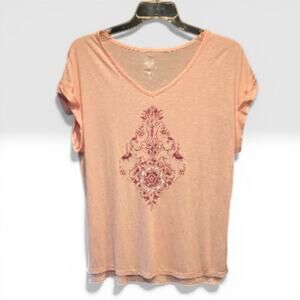 NWT Brisas Sz S Salmon Pink V-neck Graphic Bohemian Ornate Mandala Style Top NWT
